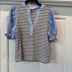 Super Cute Tuckernuck Striped Top with Blue Puff Sleeves